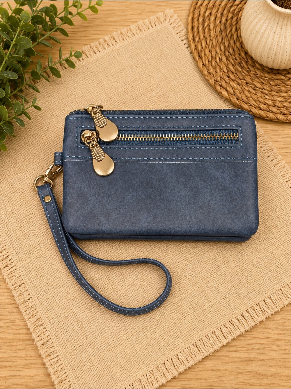 Women’s Navy Wristlet Wallet with Gold Hardware